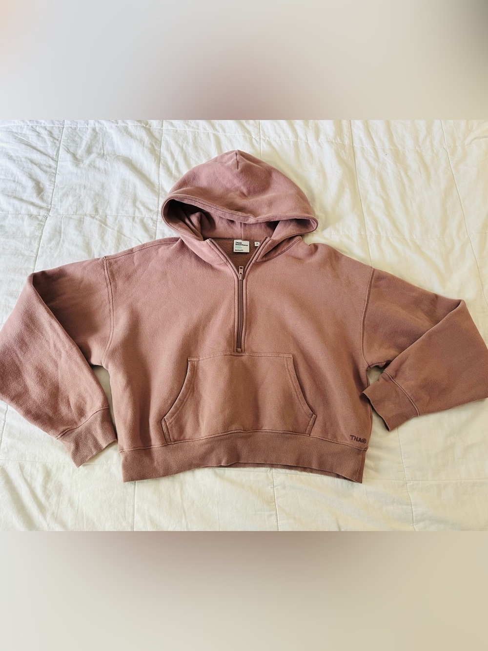 Aritzia TNA Cozy Sweatfleece Boyfriend Rose Pink Half-Zip Hooded Sweatshirt - Picture 3 of 9